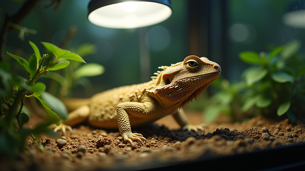 Eye-level view of a terrarium with a bearded dragon basking under a heat lamp