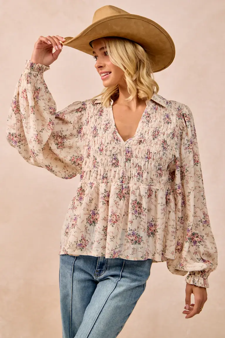 Floral Printed Woven Smocked Detail Top