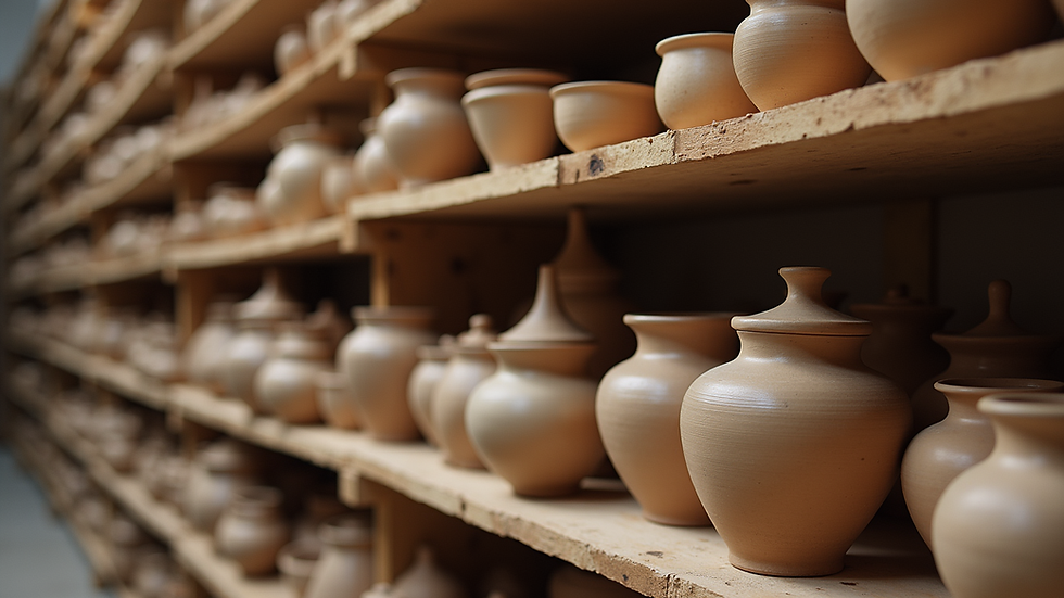 Eye-level view of pottery shelves filled with clay and glaze containers
