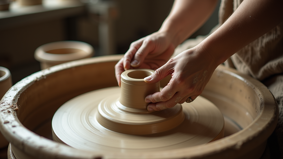 Close-up view of a pottery wheel in use with clay being shaped