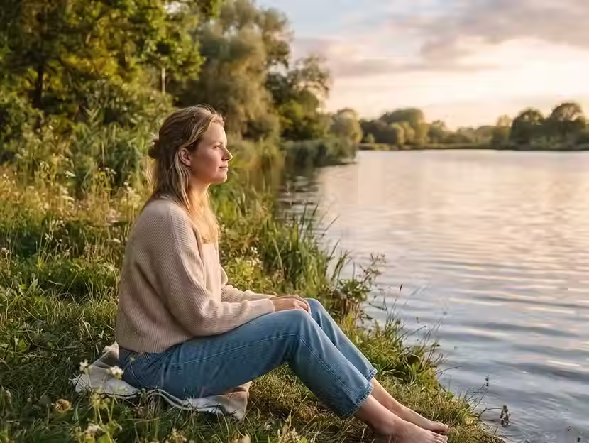 Vrouw die rustig aan het water zit bij zonsondergang