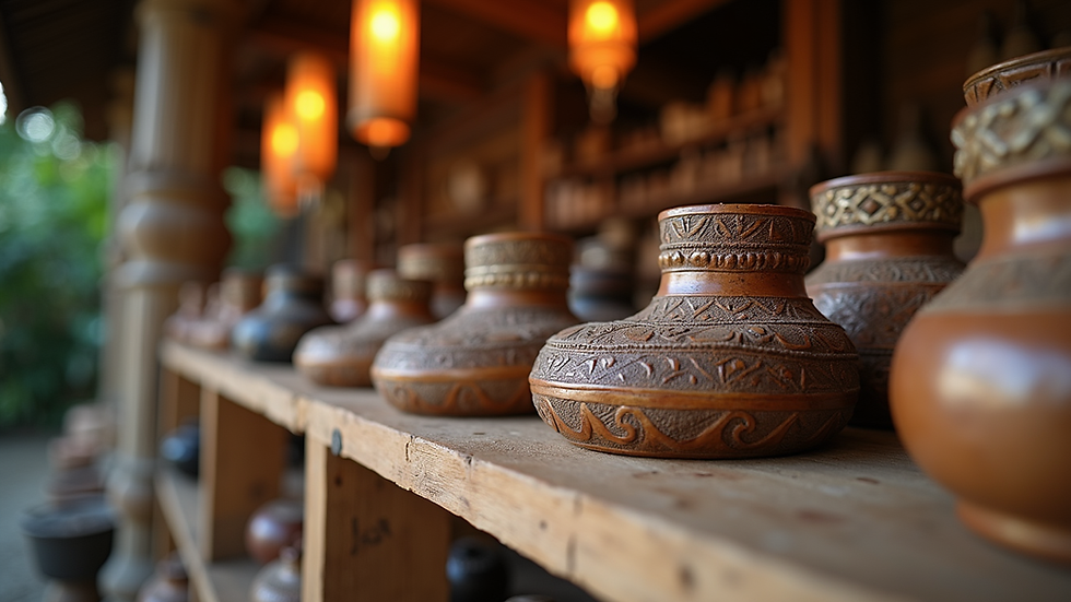 Close-up view of traditional Burmese handicrafts on display