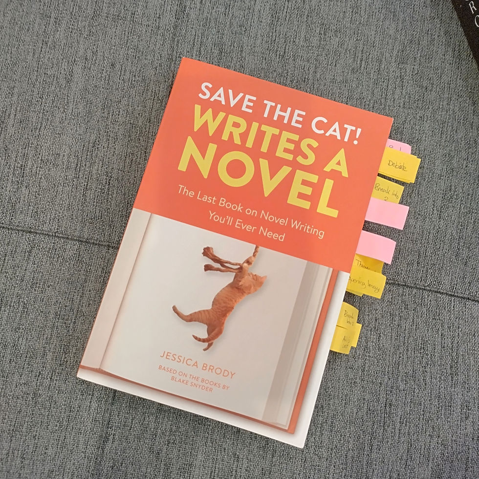 A book called Save the Cat! Writes a Novel with labeled page tabs.