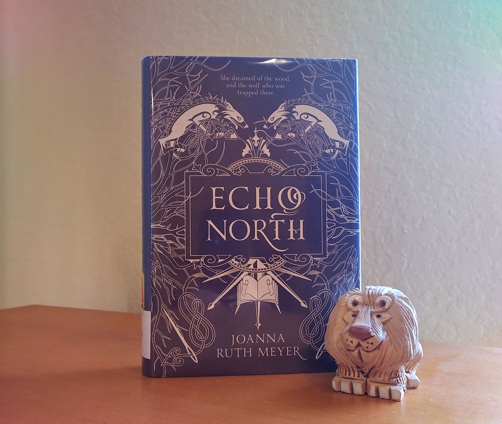 Book cover of Echo North and a small wooden lion
