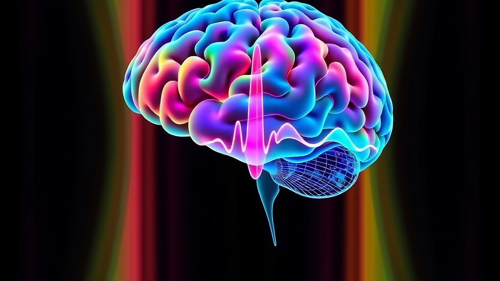 DIGITAL BRAIN WITH WAVE LENGTHS BEHIND IT