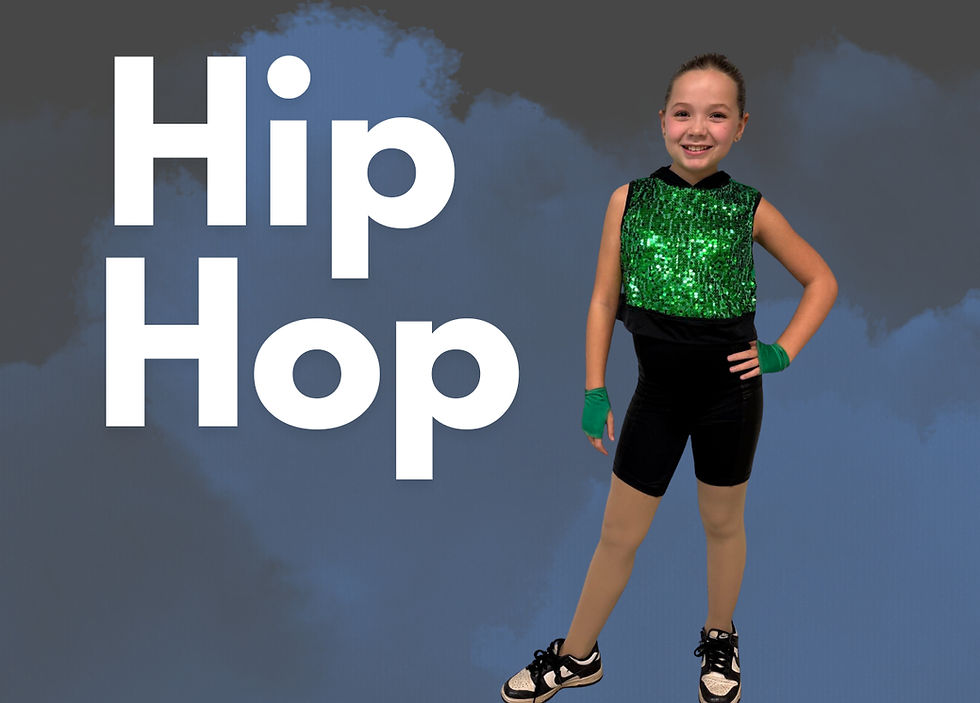 Hip Hop title with a young dancer in green sparkle top and shorts with street shoes.