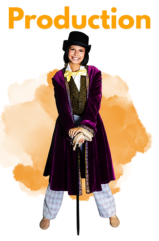 Productions title with an image of a girl dressed as Willy Wonka holding a cane, against an orange background.