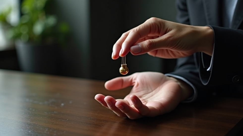 Close-up view of a hypnotherapist’s hand holding a pendulum