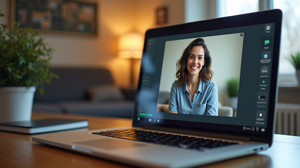 Eye-level view of a laptop on a desk with a video call interface open