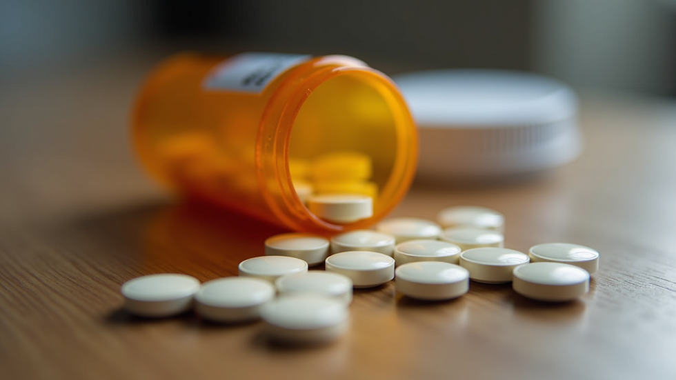 Close-up of a medicine bottle and prescription pills on a wooden table