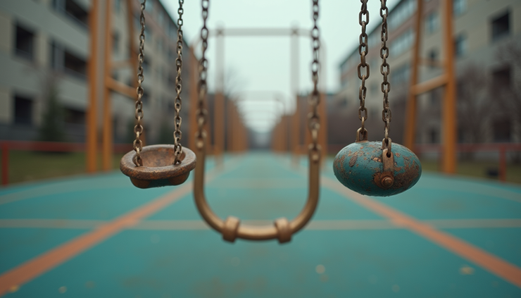 Eye-level view of a worn-down urban playground with empty swings