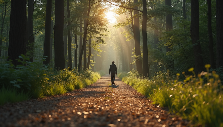 Eye-level view of a person walking away on a quiet forest path