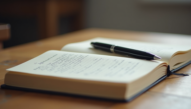 Close-up of a journal with a written plan and pen on a wooden table