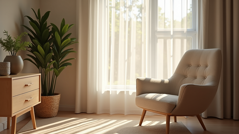 Eye-level view of a cozy therapy room with a comfortable chair and soft lighting