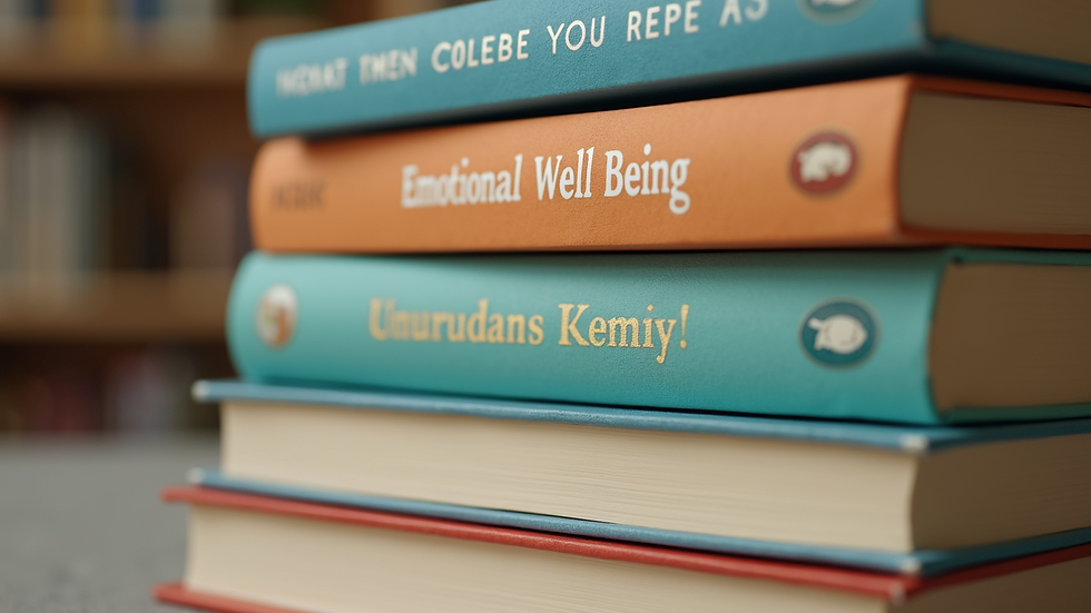 Close-up view of a stack of books on emotional well-being for children