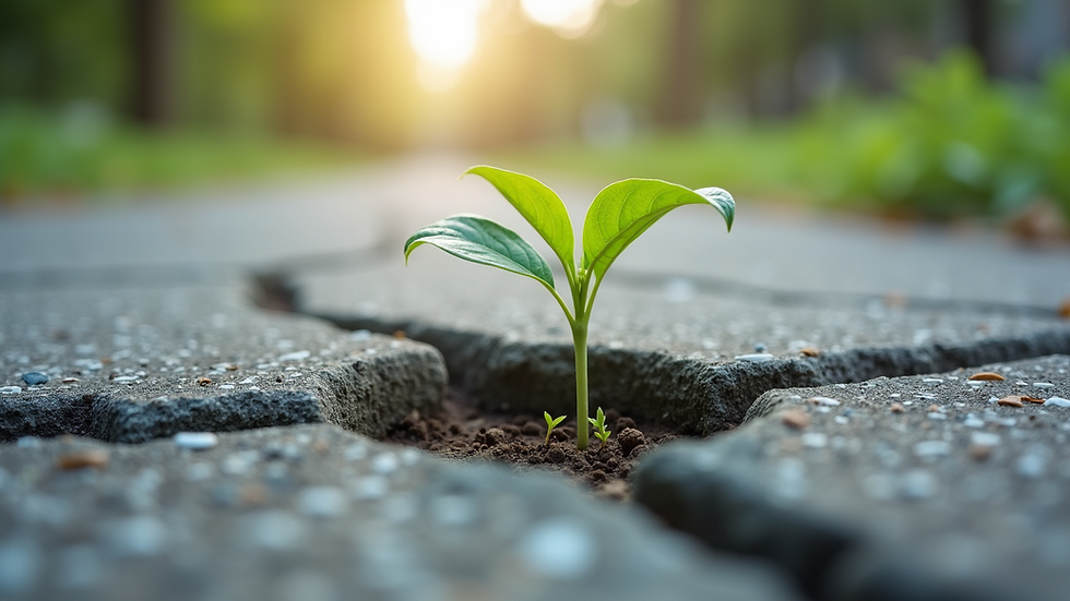 High angle view of a small plant growing through cracks in concrete
