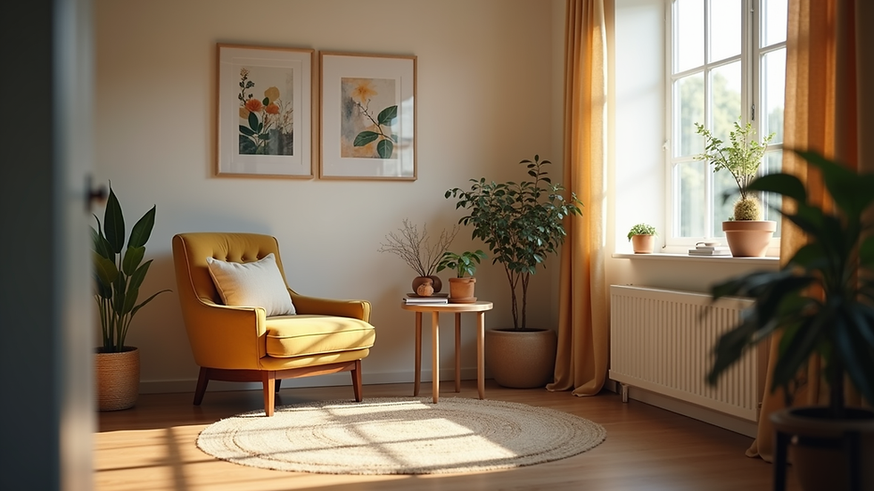 Eye-level view of a cozy counseling office with a comfortable chair and soft lighting