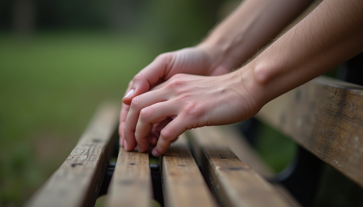 Close-up view of two hands gently holding each other on a wooden bench