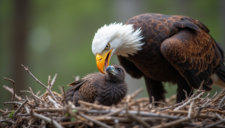 Close-up view of an eagle feeding its eaglet in the nest