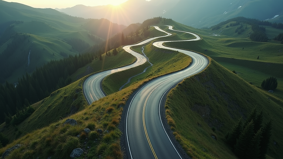High angle view of a winding road splitting into multiple paths