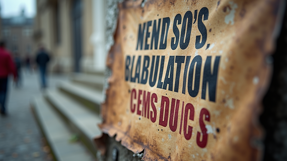 Close-up of a torn church banner with political slogans