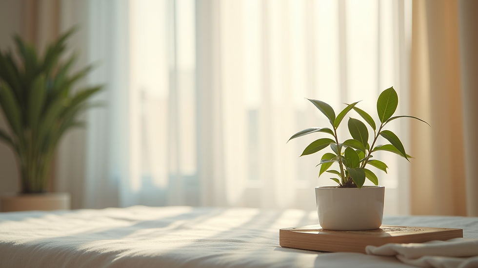 Close-up view of a calm therapy room with soft natural light and a small plant on a table