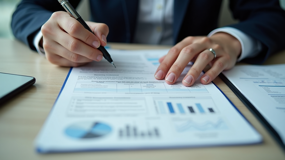 High angle view of a person reviewing insurance documents at a desk
