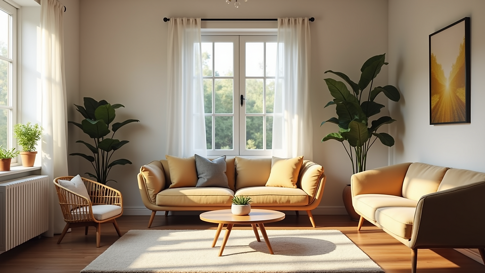 Wide angle view of a serene counseling center with cozy seating