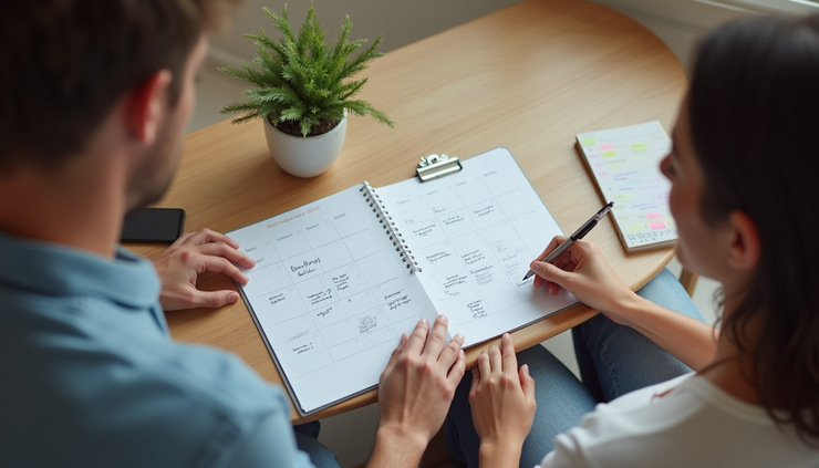 High angle view of a couple planning their week together with a calendar and notes