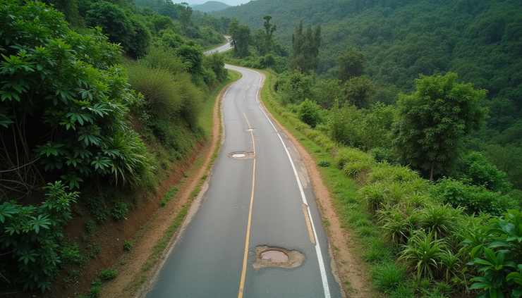 High angle view of a winding rural road with patches and potholes surrounded by Jamaican greenery
