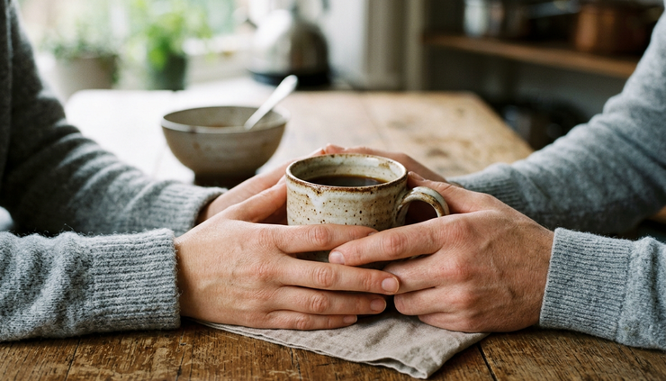 Close-up view of two hands wrapped around a ceramic mug on a wooden table.