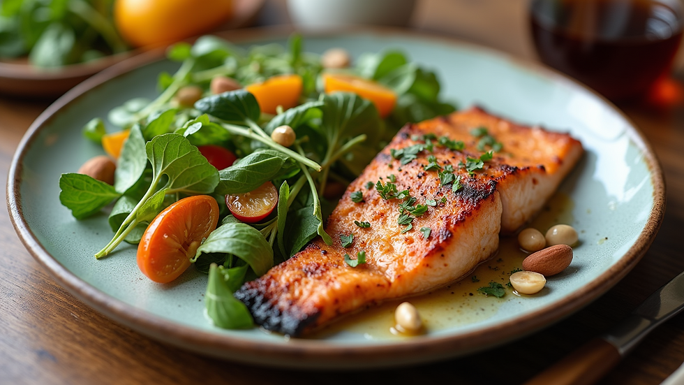 High-angle view of a colorful anti-inflammatory meal with vegetables, nuts, and grilled fish