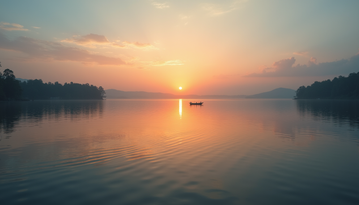 Eye-level view of a calm lake at sunset with a single boat floating