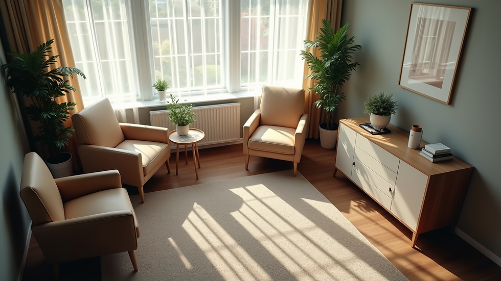 High angle view of a therapist’s office with chairs arranged for a family counseling session