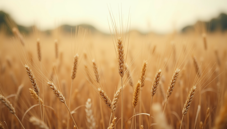 Eye-level view of a wheat field with scattered weeds growing among the stalks