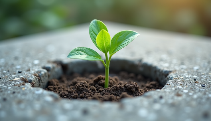 High angle view of a small plant growing through cracks in concrete