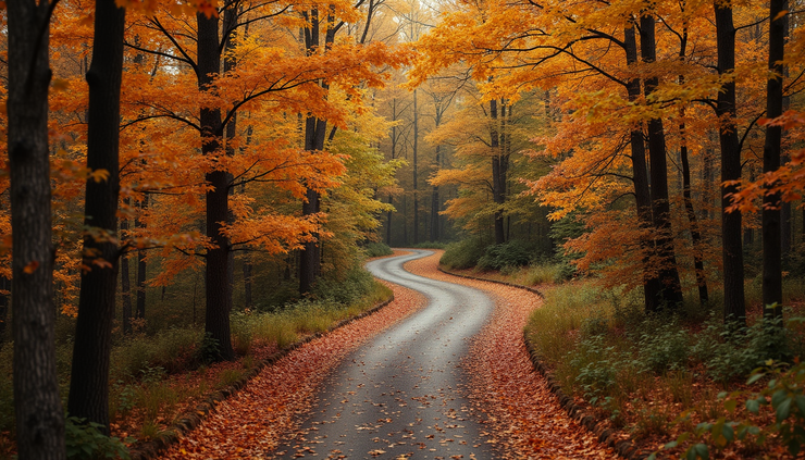 High angle view of a winding path through a peaceful forest in autumn