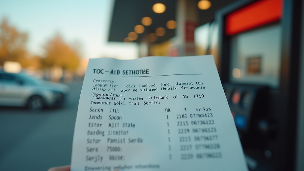 Close-up view of a gas station receipt showing a zero balance with a car in the background