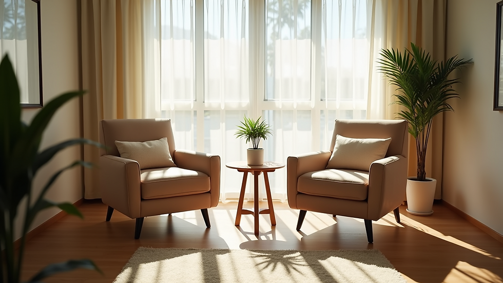 Eye-level view of a cozy Miami therapy office with two chairs and a small table