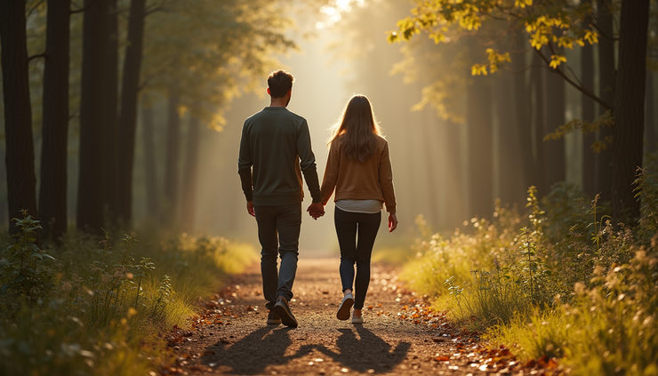 Eye-level view of two people holding hands while walking on a forest path