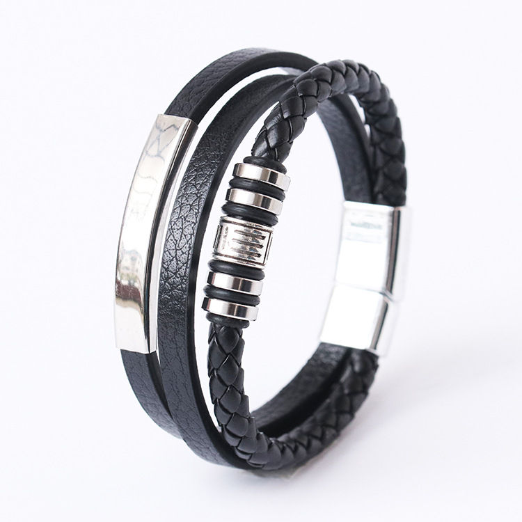 Thumbnail: Trendy Leather Bracelets For Men Stainless Steel Bracelet 21CM Multilayer Braide