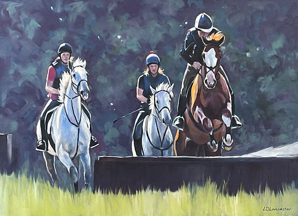 Horse Art by Equestrian Artist Lorna Lancaster - Two Grey horses and one chestnut horse competing in a team chase - pastel painting