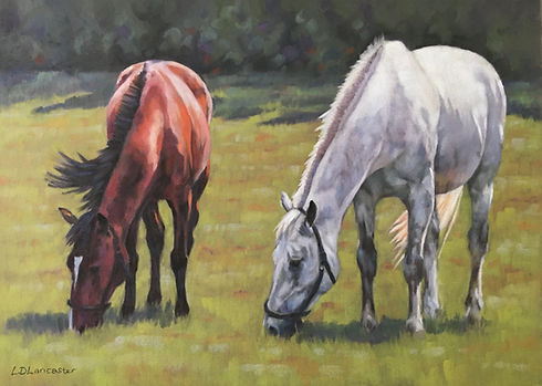 Horse Art by Equestrian Artist Lorna Lancaster - Bay and Grey horses pastel painting