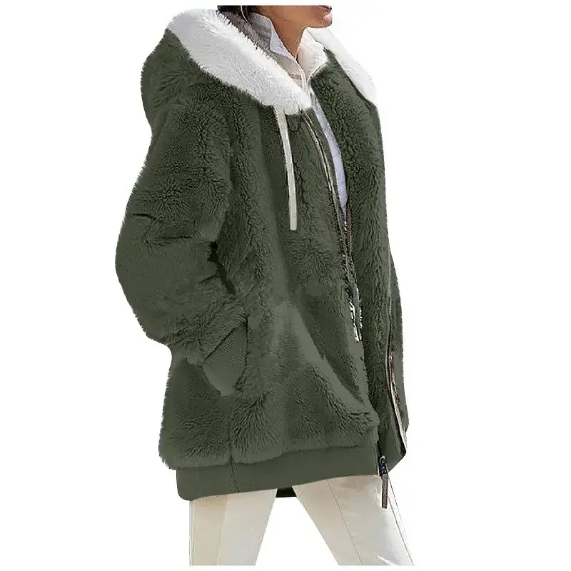 Casaco feminino de outono/inverno, modelo casual com capuz e zíper, em cashmere