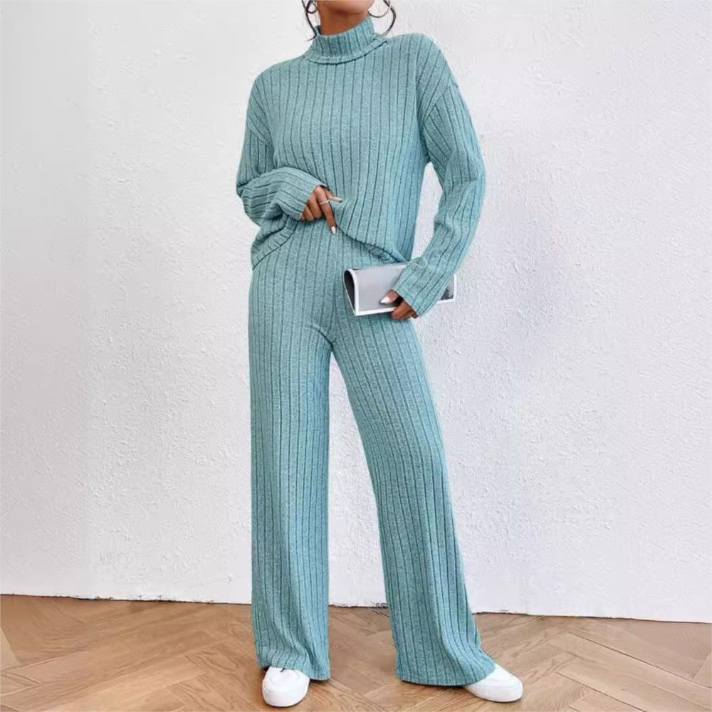 Conjunto de inverno feminino em tricô, cor sólida, manga comprida, calça e bl