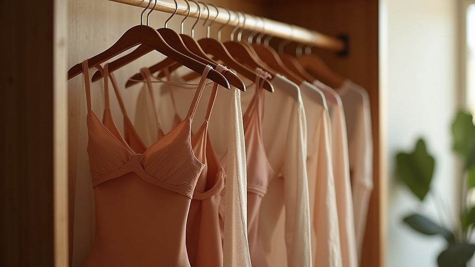Eye-level view of elegant shapewear collection displayed on a wooden rack
