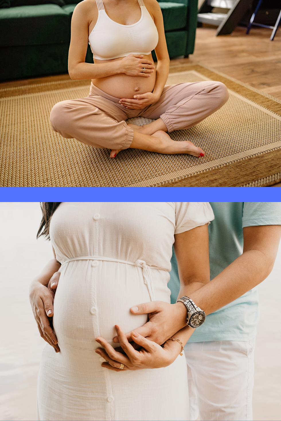 A pregnant woman doing yoga. A young husband emotionally supporting his pregnant wife.