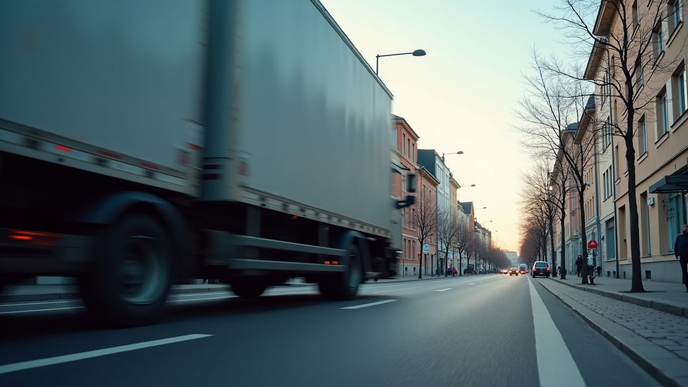 Eye-level view of a moving truck parked in a Hamburg street