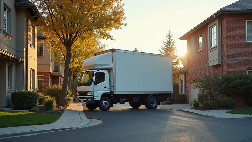 High angle view of a moving truck parked in front of a residential building