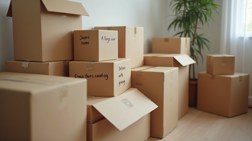 Close-up view of packed moving boxes labeled for different rooms